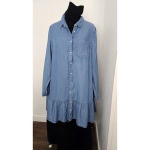 Time and Tru Women's L Chambray Shirt Dress Blue Button Front‎ Ruffle Hem NWT